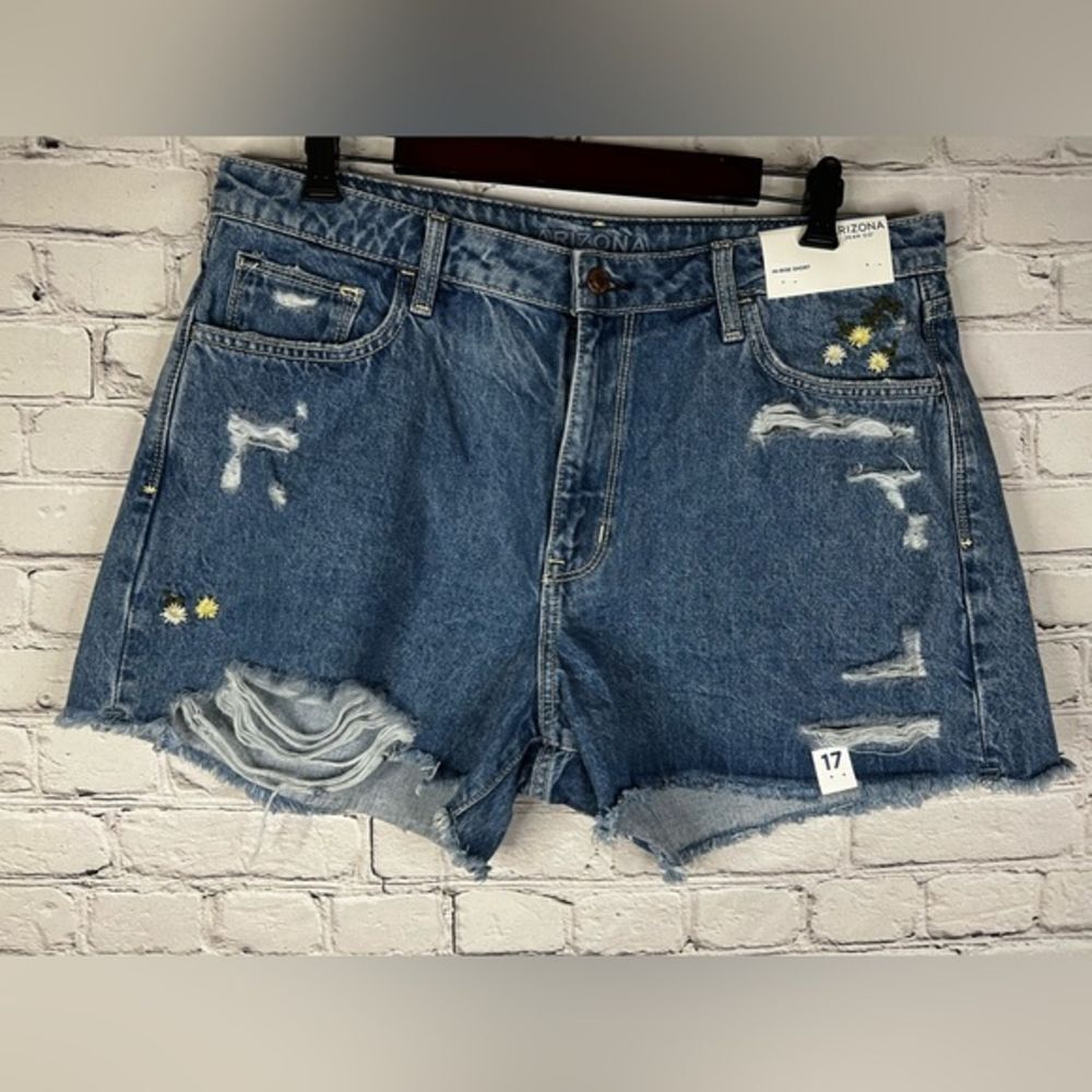 Arizona Hi Rise Distressed embroidered flower denim cut off shorts size 17 NEW